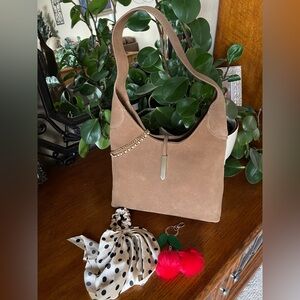 NWOT Suede Shoulder Bag in Tan with Chain Accent